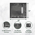 11" x 12" Recloseable Zip Storage Vacuum Seal Bag (Black and Clear) (100 Count) 5.5 Mil Durable - BPA Free Food Grade Reusable Resealable Zipper Reclosable Zip Poly Coins, Snacks, herbs