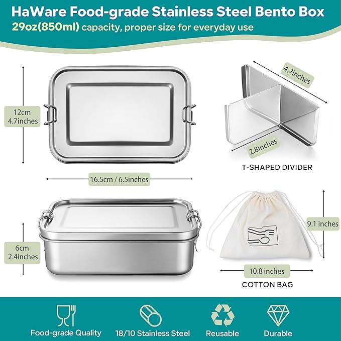 HaWare Stainless Steel Bento Box, 29oz (850ML) Leak-Proof Lunch Box for Kids Adults, 3 Compartments Food Containers with Removable Dividers and Bag, Metal Lunch Containers for Snack Meal Sandwich