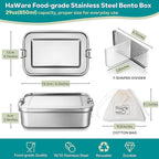 HaWare Stainless Steel Bento Box, 29oz (850ML) Leak-Proof Lunch Box for Kids Adults, 3 Compartments Food Containers with Removable Dividers and Bag, Metal Lunch Containers for Snack Meal Sandwich