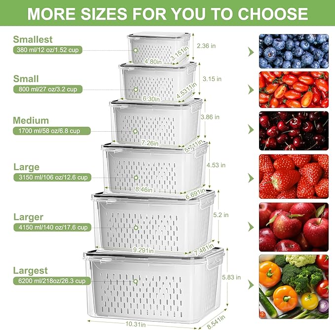 Large Fruit Containers for Fridge, Airtight Food Storage Containers with Removable Colander, Dishwasher and Microwave Safe, Berry Produce Container Keep Fruits, Vegetables, Meat Fresh Longer, 6 Pcs