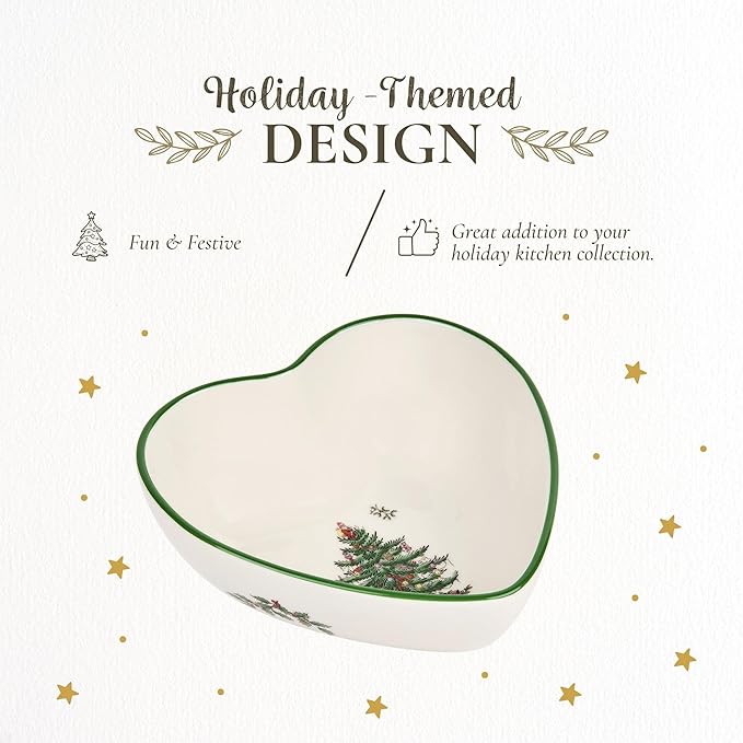 Spode Christmas Tree Heart Shaped Dip Bowl - 4.75-Inch Fine Earthenware Bowl for Dips, Sauces, and Condiments - Festive Holiday Decor and Christmas Gift - Classic Design, Dishwasher Safe