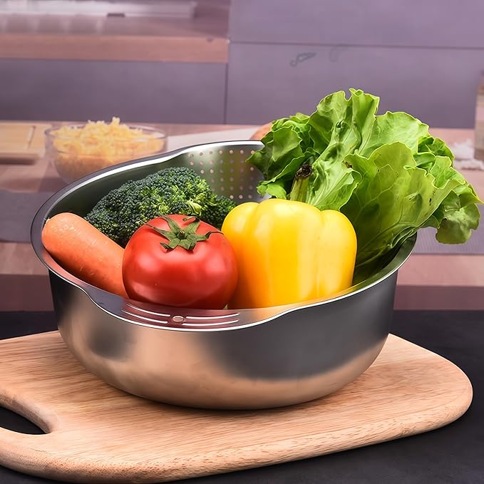 Rice Washer Strainer Bowl, Stainless Steel Washing Bowl for Rinsing Quinoa, Side Drainers Colander for Cleaning Fruits, Vegetables, and Beans - Versatile Kitchen Gadgets