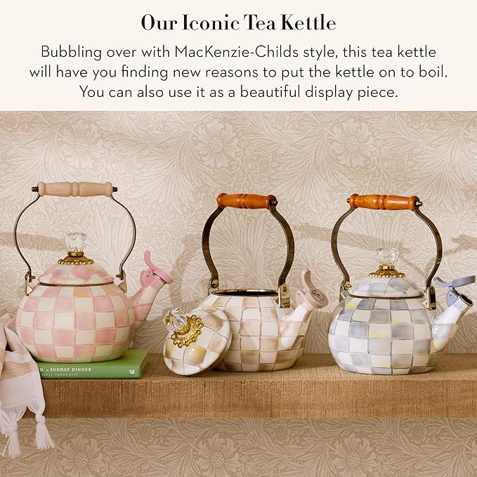 MACKENZIE-CHILDS Enamel Whistling Tea Kettle, Decorative Teapot for Stovetop, Brown-and-White Mocha Check