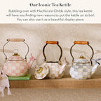 MACKENZIE-CHILDS Enamel Whistling Tea Kettle, Decorative Teapot for Stovetop, Brown-and-White Mocha Check