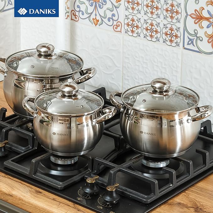 Daniks Classic 6-Piece Stainless Steel Cookware Set with Glass Lids, Tri-Ply Bases for Even Heating, Induction Compatible, Dishwasher Safe