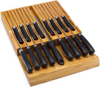 VaeFae In-Drawer Knife Block,Bamboo Knife Drawer Organizer Insert, Kitchen Knife Drawer Storage for 16 Knives PLUS a Slot for your Knife Sharpener (Without Knives)