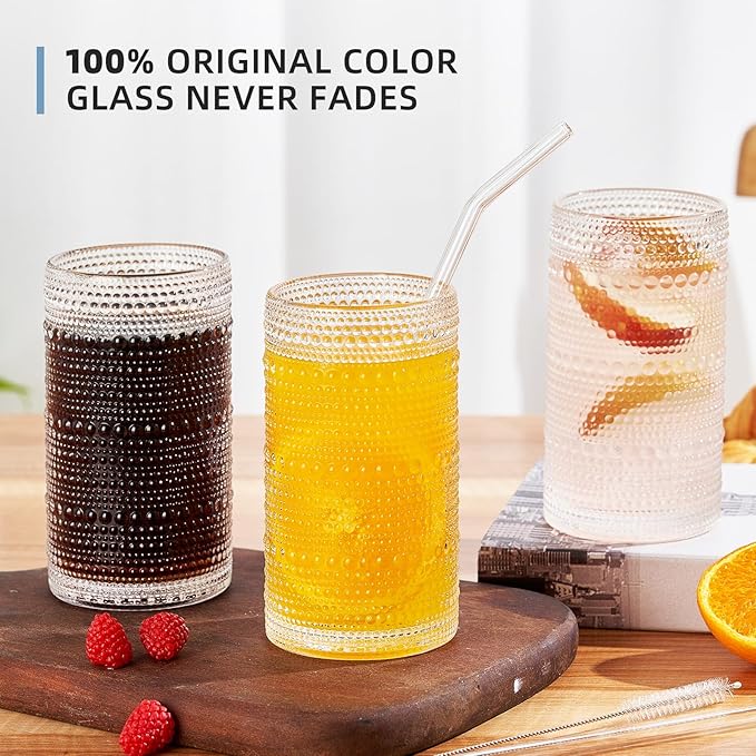 16oz Hobnail Drinking Glasses Set of 12, Vintage Large Capacity Embossed Clear Tumblers, Highball Glasses for Water, Cocktail, Beer, Whiskey, Juice & Bar Use