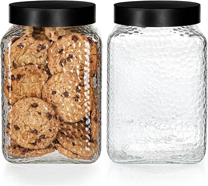 80oz Large Glass Kitchen Canister with Lid, Pantry & Countertop Organizing Storage Jar for Flour, Sugar, Coffee, Larger than Half Gallon Glass Container Set of 2 - Black Metal Lids