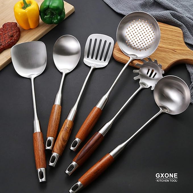 Metal Spatula,304 Stainless Steel Wok Spatula with Heat Resistant Wooden Handle,Silver/15.7Inch