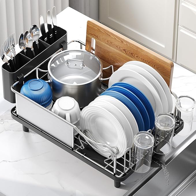 Stainless Steel Dish Drying Rack - Large Capcity 304 Grade Dish Drainer for Kitchen Counter with Drain Board, Utensil Holder & Detachable Cup Shelf, Rustproof Multifunctional Organizer