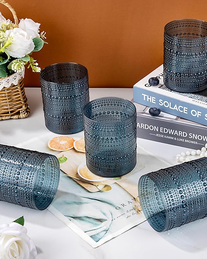 18PCS Hobnail Plastic Drinking Glasses - 14Oz Beaded Glasses Drinkware Set Disposable - Blue Vintage Plastic Bubble Glassware for Beer, Juice, Cocktail, Whiskey, Milk and Various Mixed Drinks