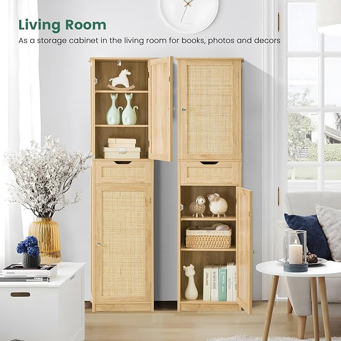 Iwell Tall Narrow Storage Cabinet with Doors, Rattan Cabinet with Adjustable Shelves, Freestanding Linen Storage for Living Room, Entryway, Kitchen, Bathroom, Natural