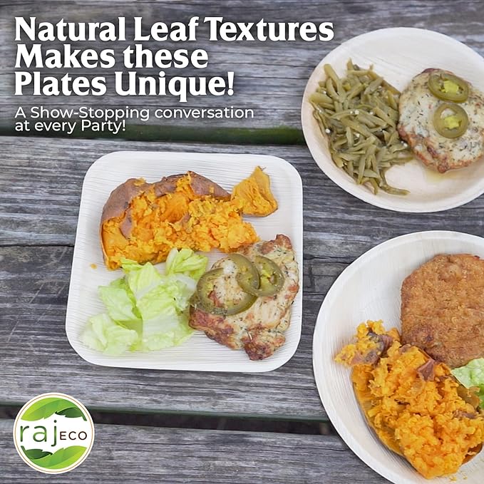 Raj Palm Leaf Plates 10" 100 Square Plates like Bamboo plates Disposable, Decorative Compostable Tableware for wedding, Lunch, Dinner, Birthday, Camping, Outdoor BBQ, Picnic