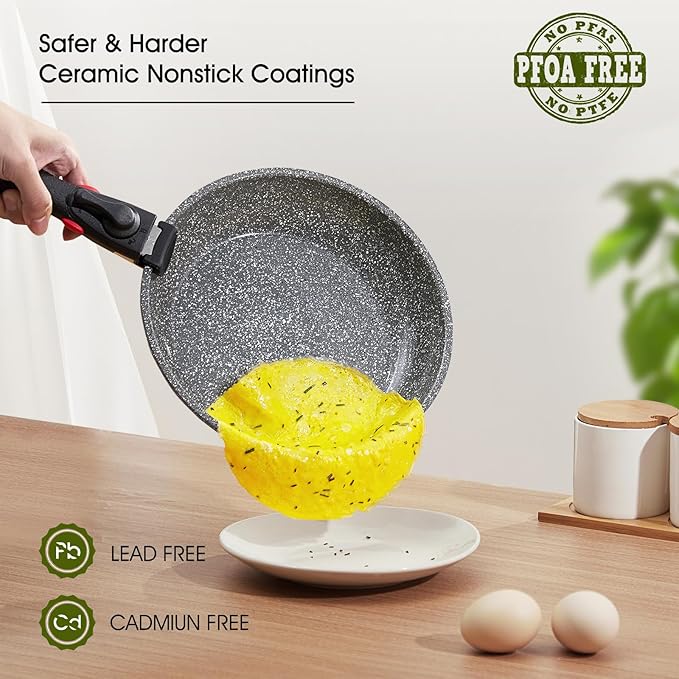 ROSSETTO 7pcs Pots and Pans Set Non Stick from France, Ceramic Cookware Set with Removable Handle, Induction RV Kitchen Cookware Set, Stackable, PFOA and PFAS Free, Oven Safe, Black Granite