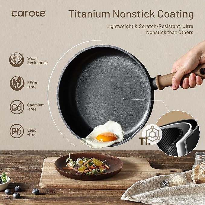 CAROTE Non Stick Frying Pans, 9.5" Nonstick Skillet Titanium Frying Pan Chef's Pan, Titanium Lightweight, Stay-cool Handle, Compatible with All Stoves, Black