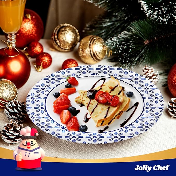 JOLLY CHEF 10 inch Disposable Paper Plates 500 Count, Soak Proof, Cut Proof, Heavy Duty Paper Plates for Thanksgiving or Everyday Use