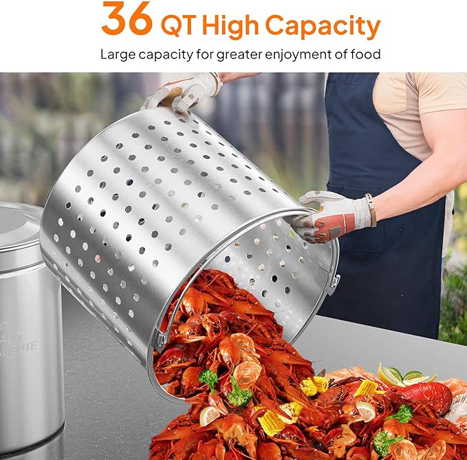 ROVSUN 36-Quart Stainless Steel Turkey Fryer & Seafood Boil Pot with Basket, Lid & Hook, Large Stock Pot for Outdoor Cooking of Turkey, Crawfish, Crab, Lobster & Shrimp