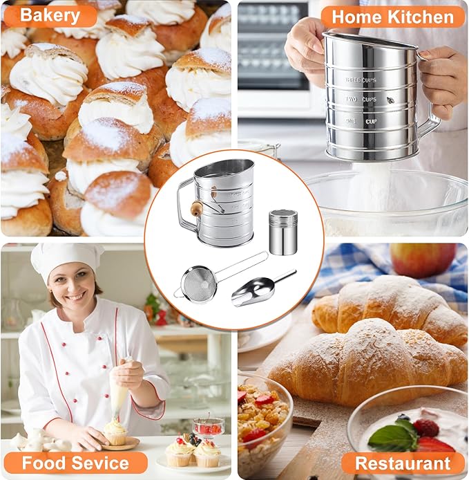 Flour Sifter,3 Cup with Scale Stainless Steel Flour Sifters,4 in 1 Baking Sifter Set with Powder Sugar Shaker Duster,Strainers Fine Mesh and Metal Scoop for Baking Cake,Pastries,Pies,Cupcakes,Desserts