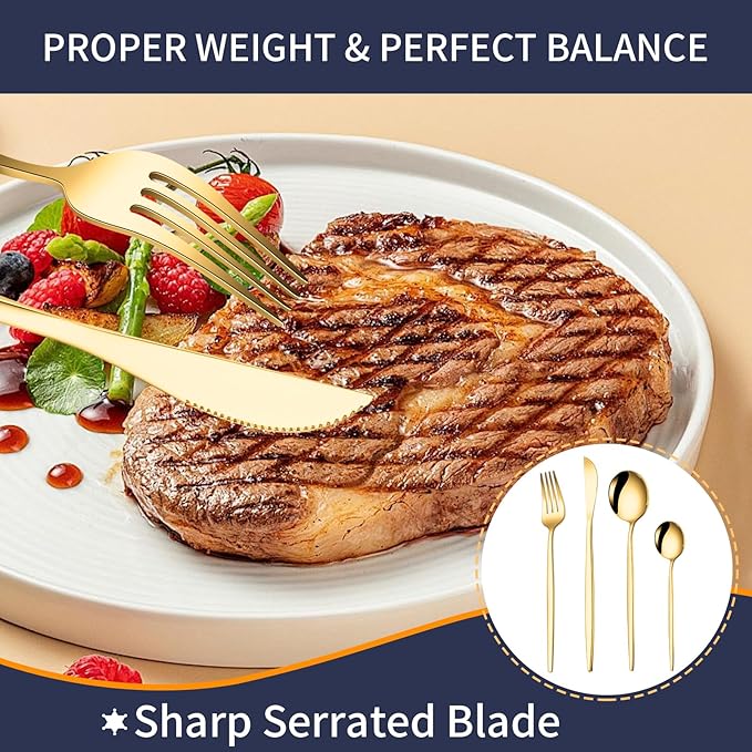 24-Piece Gold Silverware Set for 6, Stainless Steel Flatware Cutlery Set, Eating Utensils Set Tableware Included Steak Knives Spoons and Forks Set For Home,Restaurant,Party