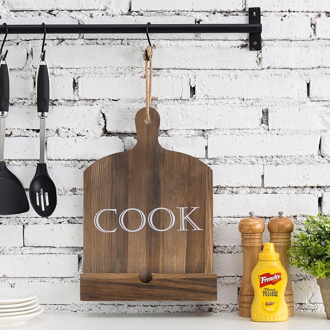 MyGift Cutting Board Brown Wood Cookbook Holder, Paddle Shaped iPad Tablet Easel Holder, Book Recipe Binder Stand with Kickstand and Cook Text Design
