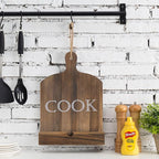 MyGift Cutting Board Brown Wood Cookbook Holder, Paddle Shaped iPad Tablet Easel Holder, Book Recipe Binder Stand with Kickstand and Cook Text Design