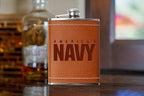 Leather Wrapped 8 oz Navy Flask | Stainless Steel USN Hip Flask for Liquor – Tobacco Brown, US Navy Gifts | Disabled USMC Vet Owned SMALL Business