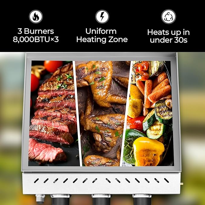 R.W.FLAME 3 Burner Tabletop Propane Griddle, 25" Stainless Steel Gas Griddle, 24,000 BTU Flat Top Grill for Outdoor BBQ,Camping & Patio Gatherings