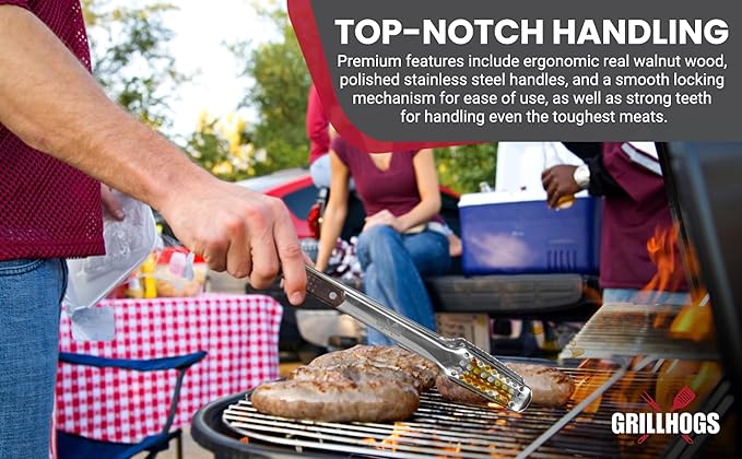 16-Inch Barbecue Tongs, Stainless Steel + Walnut Wood, Premium Grill Tongs, 1 Pair