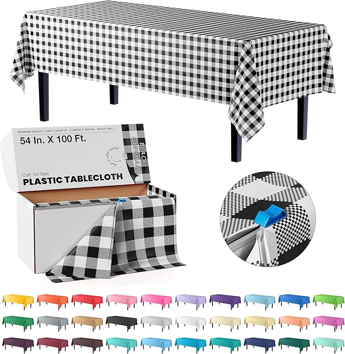 Exquisite Party Solids 54 Inch X 100 Feet Black Gingham Plastic Table Cover Roll in A Cut - to - Size Box with Convenient Slide Cutter. Cuts Up to 12 Rectangle 8 Feet Plastic Disposable Tablecloths