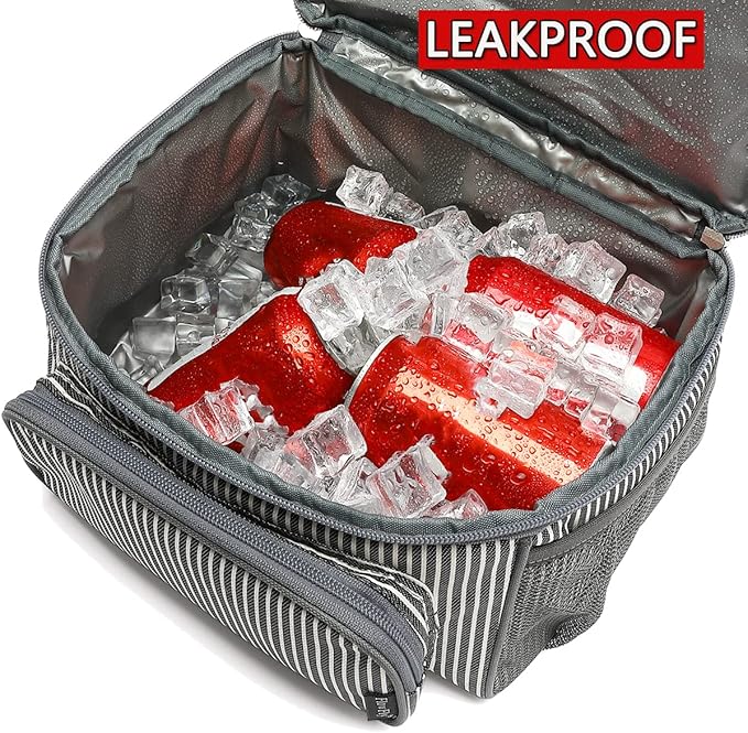 FlowFly Double Layer Cooler Insulated Lunch Bag Adult Lunch Box Large Tote Bag for Men, Women, With Adjustable Strap,Front Pocket and Dual Large Mesh Side Pockets