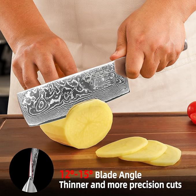 Sunnecko Damascus Kitchen Knife 7 Inch Cleaver Knife VG-10 Stainless Steel Chopping Knife with Solid Handle Nakiri Knife Perfect for Professional Use or Home Cooking Enthusiast