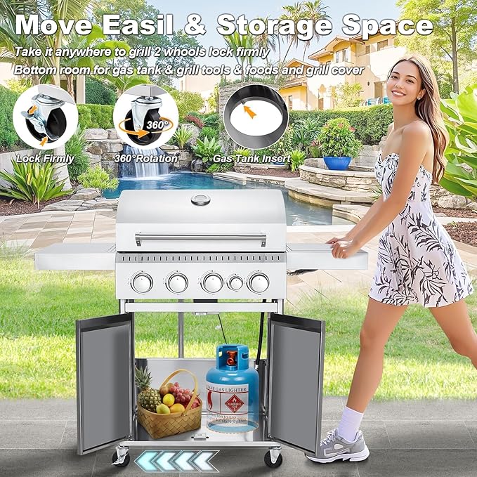 MELLCOM Stainless Steel 4 Burner BBQ Propane Gas Grill with Cast Iron Grates & Side Stove, Stainless Steel 44000 BTU Burner Barbecue Grill for Patio,Camping, Outdoor Cooking