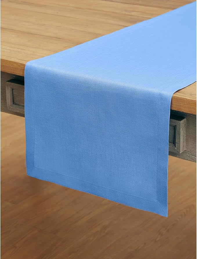 Solino Home Linen Table Runner 60 Inches - 100% Pure Linen Provence Blue Table Runner 14 x 60 Inch Ideal for Dresser and Coffee Tables - Summer - Fete