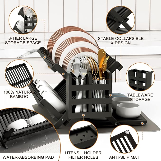 Greenual Black Bamboo Dish Drying Rack with Utensil Holder, 3 Tier Collapsible Dish Rack, Wooden Dish Racks for Kitchen Counter, Large Folding Drying Holder with Absorbent Dish Drying Mat