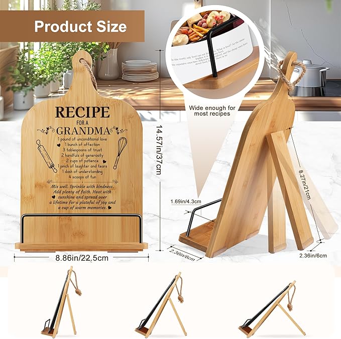 Grandma Gifts Retirement Gifts Cookbook Stand Bamboo Recipe Book Holder Kitchen Gifts for Women Adjustable Non-Slip Cook Book Stand for Kitchen Counter