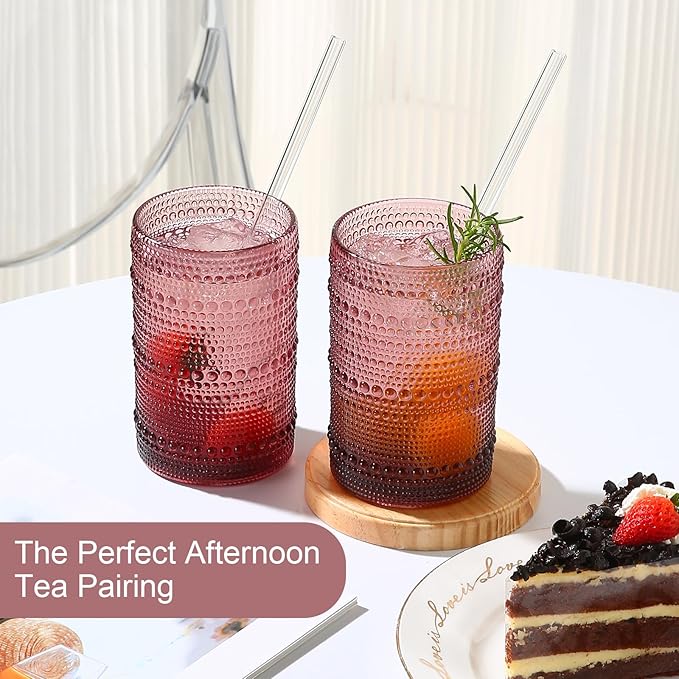 Vintage Glassware Drinking Glasses Set of 6,15 oz Hobnail Glass Cups,Embossed Purple Water Tumbler,for Beer,Cocktail,Whiskey,Juice and Various Mixed Drinks- 1 Cleaning Brush