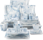 MALACASA Dinnerware Sets for 6, 30 Piece Porcelain Plates and Bowls Sets, Square Dish Set with Dinner Plate and Bowl, Cup and Saucer, Blue Dishes Dinnerware Set, Modern Dishware Sets, Series Flora