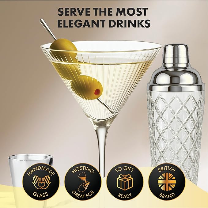 VEMACITY - Silver Luxury Home Mixology Cocktail Shaker Set with Silver Accessories - Glass Shaker with Built-In Strainer, 2 Ribbed Espresso Martini Glasses & Bar Tools - Gift Sets, Wedding Gift