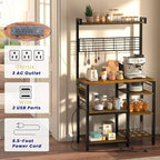 Large Bakers Rack with Power Outlet and Storage Space, 5-Tier Microwave Stand with Shelves, Multifunctional Kitchen Storage Rack with 7 Hooks,Coffee Bar Station, Rustic Brown