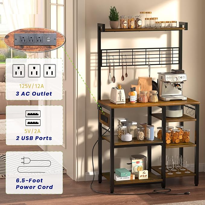 Large Bakers Rack with Power Outlet and Storage Space, 5-Tier Microwave Stand with Shelves, Multifunctional Kitchen Storage Rack with 7 Hooks,Coffee Bar Station, Rustic Brown