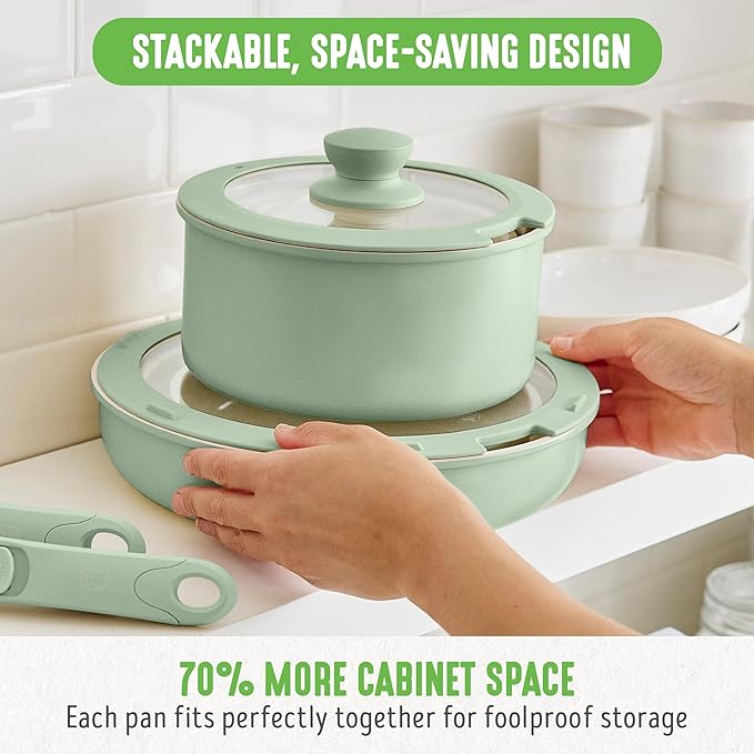 GreenLife 10 Piece Nonstick Pots & Pans Set, Detachable Handle & Stackable Cookware Set, Non Toxic PFAS-Free Skillets, Induction Kitchen Pans, Space Saving, Serving Bowls, Oven Safe, Sage Green