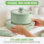 GreenLife 10 Piece Nonstick Pots & Pans Set, Detachable Handle & Stackable Cookware Set, Non Toxic PFAS-Free Skillets, Induction Kitchen Pans, Space Saving, Serving Bowls, Oven Safe, Sage Green