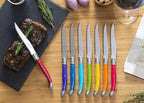 French Home Laguiole 8-Piece Steak Knife Set – Sophisticated Stainless Steel Dinner Knives with Rainbow Handles & Iconic Bee Emblem – Serrated Knives for Smooth Cutting (9.25")