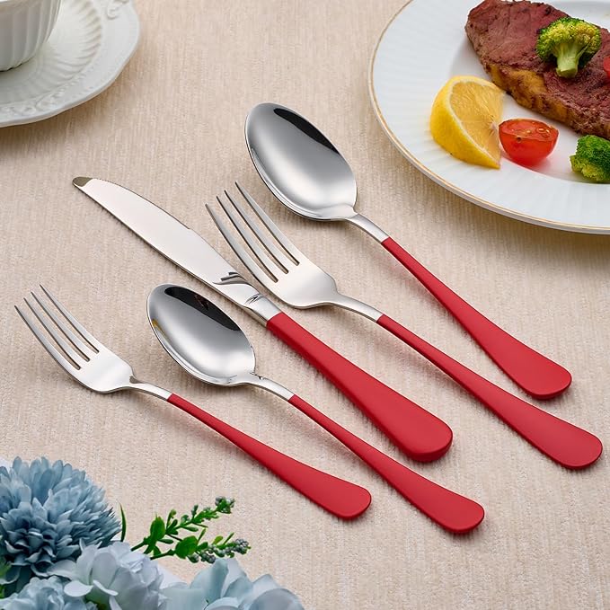 20-Piece Red Silverware Set 18/0 Stainless Steel Silverware Set Red Handle Cutlery Set Service for 4 Dinner Knives Forks Spoons Set Flatware Set Finish Dishwasher Safe