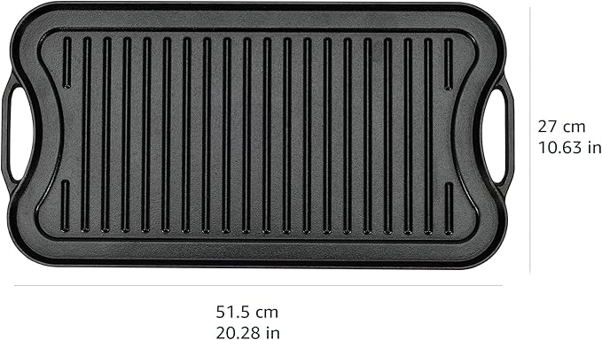 Amazon Basics Pre-Seasoned Cast Iron Reversible Rectangular Grill/Griddle, Black, 20 x 10.63 x 0.98 inch
