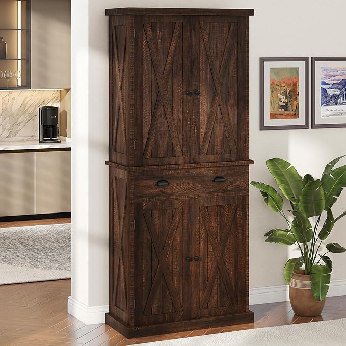 DWVO 72'' Farmhouse Kitchen Pantry, Rustic Wood Kitchen Storage Cabinets with Adjustable Shelves & Drawer, Tall Freestanding Cupboard for Dining Room, Living Room, Drak Brown