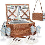Picnic Basket Set for 4 Persons - Picnic Baskets with Large Insulated Cooler Compartment, Adjustable Shoulder Strap, Willow Hamper and Waterproof Blanket Set with Cutlery Service Kit