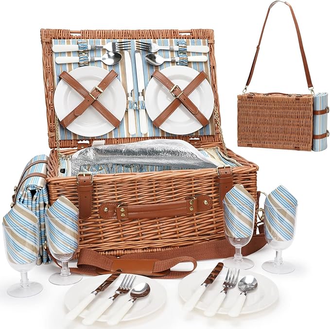 Picnic Basket Set for 4 Persons - Picnic Baskets with Large Insulated Cooler Compartment, Adjustable Shoulder Strap, Willow Hamper and Waterproof Blanket Set with Cutlery Service Kit