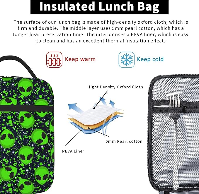 Alien Sky Green Insulated Lunch Bag for Women & Men, Reusable Leak-Proof Lunch Box with Cooler Compartment, Lunch Tote for Adults Work Travel Picnic Durable & Washable