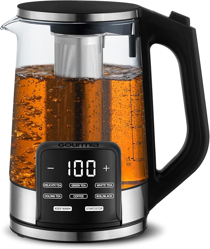 Gourmia Electric Programmable Glass Kettle – 1.7L Temperature Control Tea & Coffee Kettle with Digital Touch Display, 6 Presets, Keep Warm, Removable Stainless Steel Infuser, 360° Swivel Base – Black